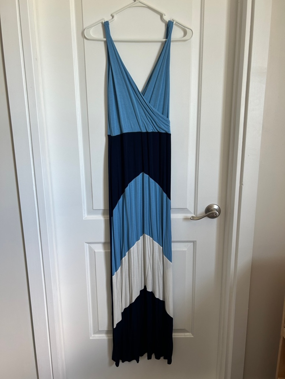 Gilli Sky Blue, Navy & White Chevron Maxi Dress